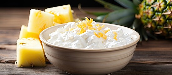 Poster - A wooden table holds a delicious bowl of cottage cheese mixed with pineapple