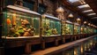 An exotic pet store featuring various reptile enclosures, exotic birds, and a fish tank wall.