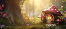 Enchanted Fairy Tale Garden With Magical House Butterflies And Blooming Roses In The Morning Sun