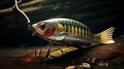 Wall Mural - Silver fish hangs from a hook with a colorful lure attached, AI-generated.