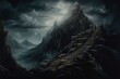 A painting of stairs ascending a mountain with a sky, distant mountains, dark sky, clouds, and darkness below. Generative AI