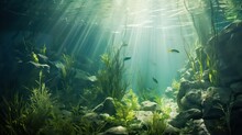 Underwater Image Capturing A Seabed Adorned With Lush Green Seagrass, Illuminated By Dappled Light And Shadows, Creating A Captivating And Serene Ambiance.