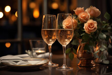 Two wine glasses and bouquet of flowers ontable. Concept of Valentine's Day and romantic date for couple