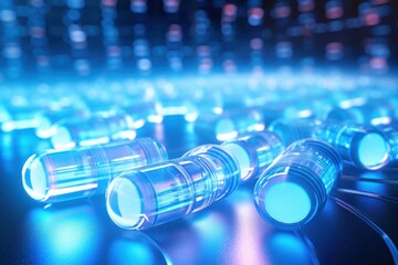 Abstract futuristic pills and capsule on glowing blue background