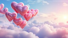 Beautiful Colorful Valentine Day Heart In The Clouds As Abstract Background. Heart Shaped Balloons Floating In The Sky. Valentine's Day Concept.