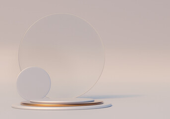 Poster - 3D golden cylinder podium isolated on beige background. Abstract minimal studio 3d geometric shape object. Mockup space for display of product design