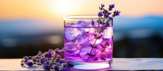 Top view of a vintage glass containing a purple drink pea flower tea or blue curacao syrup cocktail with thyme branches on a white background resembling sparkling wine