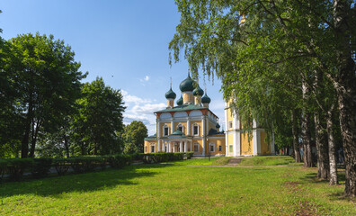 Wall Mural - The ancient Russian city of Uglich, a view of the Church of the Transfiguration of the Lord and the Praise of the Most Holy Theotokos