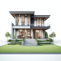 Front view of a isolated modern house with a big lawn on white background. ai generative