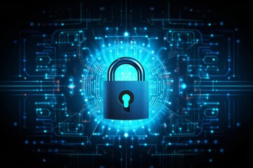 Poster - Cyber security concept. Lock, key hole on blue digital pattern background