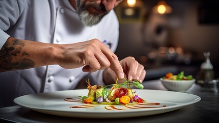 close up horizontal view of a fine dining chef finishing the garnish of a dish with fresh herbs AI generated