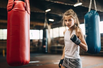 young boxer girl standing in front of a boxing bag at the gym