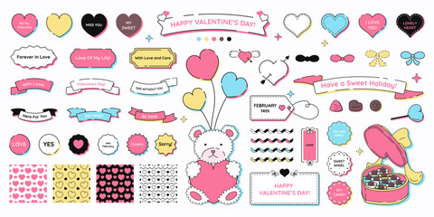 Poster - Valentine's Day design elements, set of decorative drawings with holiday symbols and abstract frames, sticker pack. Vector illustration.