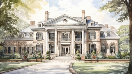 Sticker - A watercolor rendering of a large mansion, AI