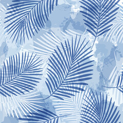 Wall Mural - Palm Leaves Pattern. Watercolor Palm leaves seamless vector background, blue jungle print textured
