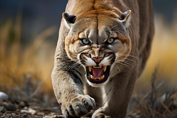 Wall Mural - Roaring cougar or mountain lion hunts its prey