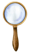Magnifying Glass On A Wooden Handle. Hand Drawn Watercolor Loupe Illustration Isolated On White Background.
