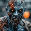 AI generated illustration of a spooky zombie with red eyes and desolated skin