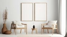 AI Generated Illustration Of Bright Living Room With Two Cozy Wooden Chairs And Framed Pictures