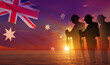 Silhouette of Soldiers with Australian flag on background of sunset. National holidays. 3d illustration
