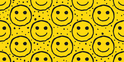 Aufkleber - Simple drawn emoticons on a yellow background. Vector pattern of identical stylish emoticons. For print, design, notebooks, pillows, textiles.