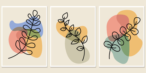 Poster - Abstract modern flower pictures. Minimal modern vector design. Minimal artistic abstract floral set with leaf.