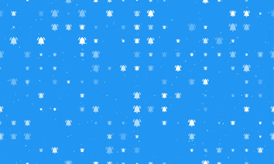Poster - Seamless background pattern of evenly spaced white bell symbols of different sizes and opacity. Vector illustration on blue background with stars
