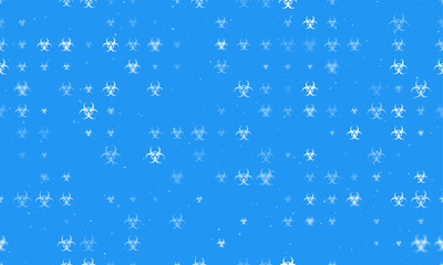 Poster - Seamless background pattern of evenly spaced white biohazard symbols of different sizes and opacity. Vector illustration on blue background with stars
