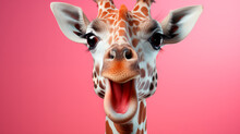 Portrait Of Surprised Giraffe On Pink Background, Banner For Sale Or Advertisement, Promo Action