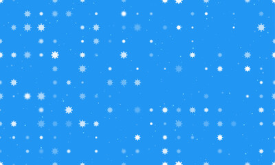 Poster - Seamless background pattern of evenly spaced white coronavirus symbols of different sizes and opacity. Vector illustration on blue background with stars