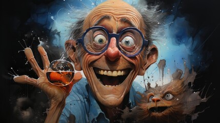 Wall Mural -  a painting of an old man with glasses holding a glass in front of his face and a dog in front of him.  generative ai