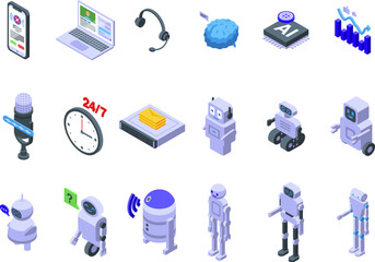 Poster - Virtual assistant services icons set isometric vector. Ai mobile chat. Digital reality