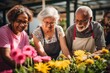 A gathering of elderly individuals participating in a gardening endeavor, planting and nurturing flowers and veggies in a communal garden, showcasing their passion for the environment and cultivation.