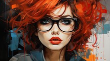  A Digital Painting Of A Woman With Red Hair And Eyeglasses, Wearing A Black Jacket And A Pair Of Black Rimmed Glasses.  Generative Ai