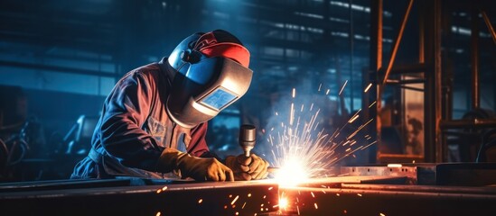 Wall Mural - Metal welder working with arc welding at wokshop, Industrial worker is welding steel products in a factory, sparks fly