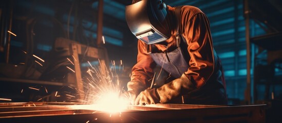 Wall Mural - Metal welder working with arc welding at wokshop, Industrial worker is welding steel products in a factory, sparks fly