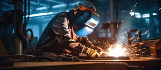 Wall Mural - Metal welder working with arc welding at wokshop, Industrial worker is welding steel products in a factory, sparks fly