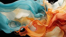  An Abstract Painting Of Orange, Blue, And White Swirls On A Black Background With A Black Back Ground.  Generative Ai