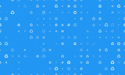 Poster - Seamless background pattern of evenly spaced white recycling symbols of different sizes and opacity. Vector illustration on blue background with stars