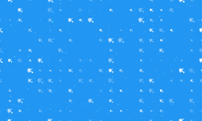 Poster - Seamless background pattern of evenly spaced white virus bounces off the shield symbols of different sizes and opacity. Vector illustration on blue background with stars