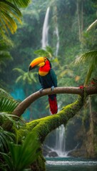 Sticker - AI generated illustration of a brightly-colored tropical toucan perched in a jungle