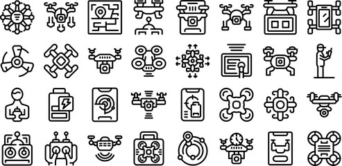 Wall Mural - Drone operator icons set outline vector. Single fly control. Radio remote single fly