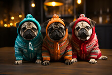 Three Pug Dogs In Colorful Christmas Clothes