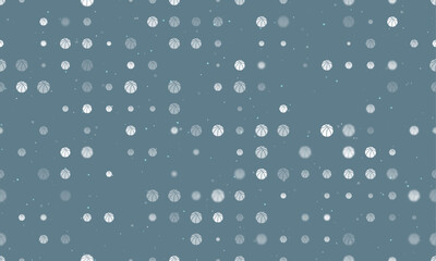 Poster - Seamless background pattern of evenly spaced white basketball symbols of different sizes and opacity. Vector illustration on blue grey background with stars