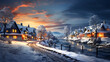 Winter Landschaft Abend Fluss Häuser Idylle Generative AI