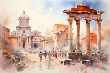  life drawing of a roman forum filled with people walking, standign columns and statues, antiquity, monochrome watercolor