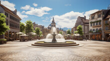 An Old-fashioned Town Square, With A Fountain In The Centre And A Variety Of Shops And Restaurants