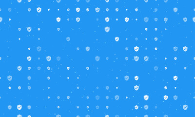 Poster - Seamless background pattern of evenly spaced white protection mark symbols of different sizes and opacity. Vector illustration on blue background with stars
