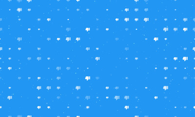 Poster - Seamless background pattern of evenly spaced white thumb down symbols of different sizes and opacity. Vector illustration on blue background with stars