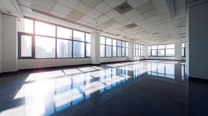 Aufkleber - Empty office room with sunlight streaming through large windows, corporate office blank space image